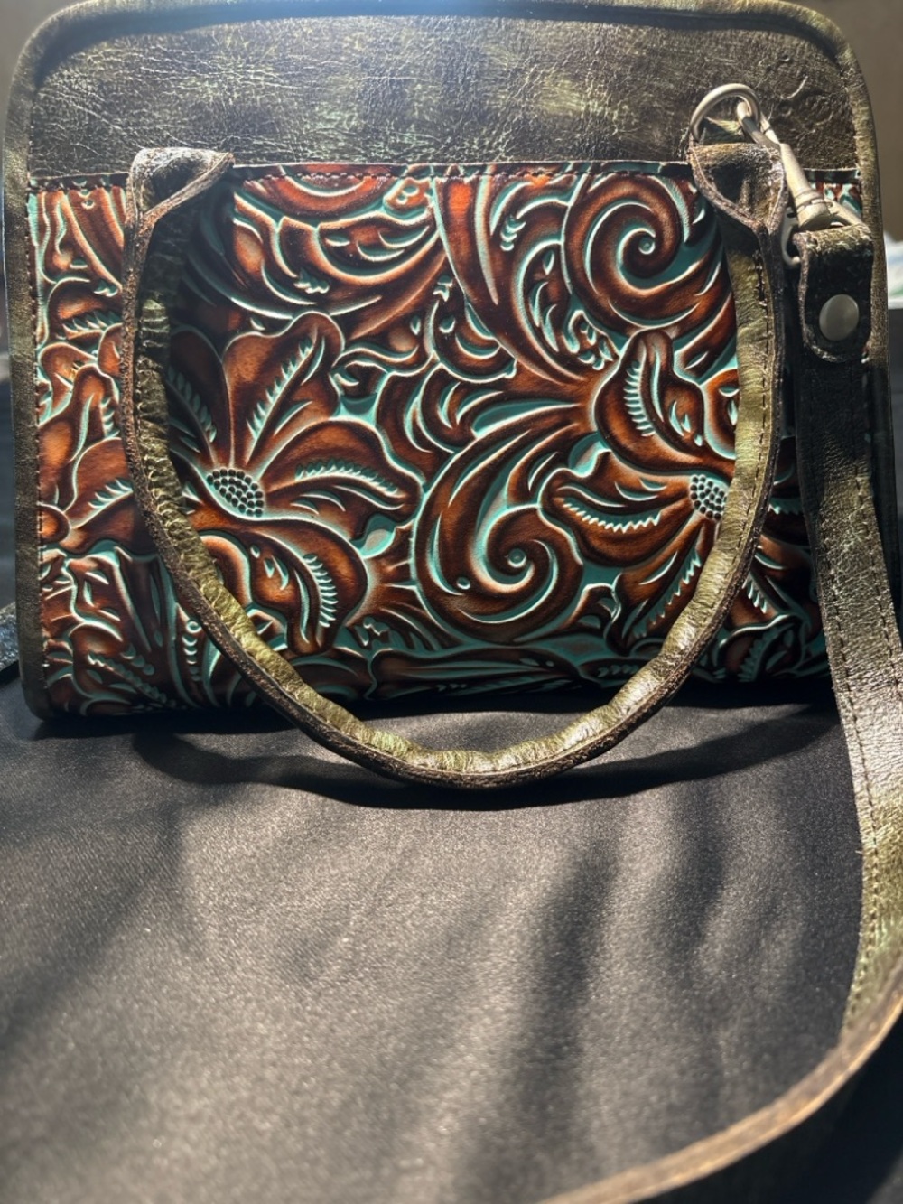 Patricia Nash Paris Satchel Tooled Leather Crossbody Brown Floral Embossed Bag